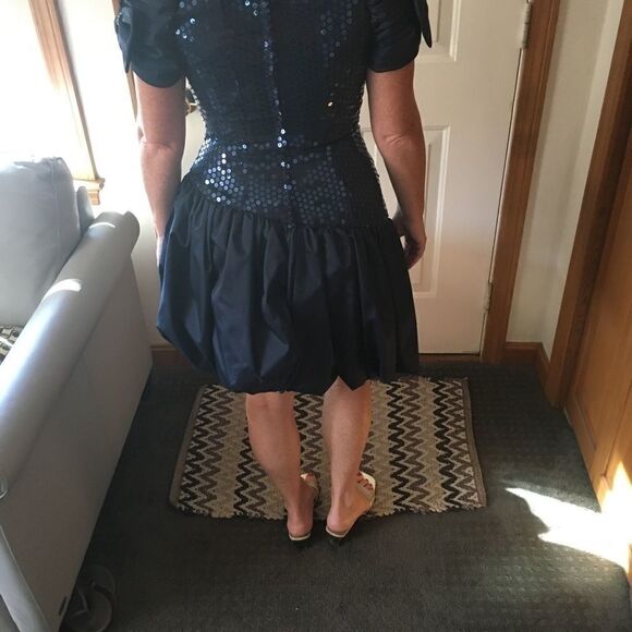 Navy Blue Sequin Off Shoulder Bubble Skirt 80’s Bridesmaid or Prom Dress - Picture 6 of 6
